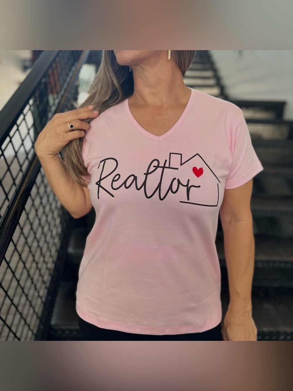 Baltica Realtor Pink V-Neck Graphic T-Shirt Size L 100% Cotton